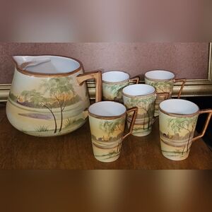 Vintage Nippon Hand Painted Pitcher w 5 Mugs Water Tree House Design 1891-1921